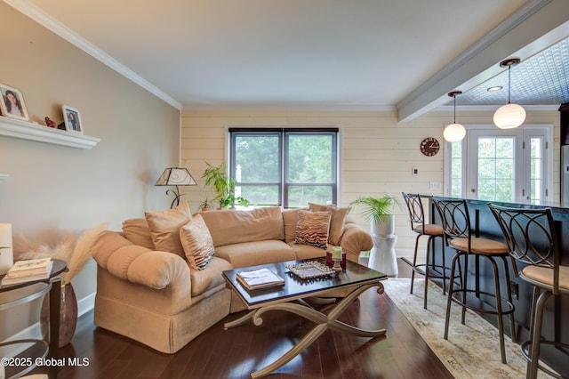 125 Bridgewood Ln, Colonie, NY 12189 - living area with crown molding, hardwood / wood-style flooring, wood walls, and beamed ceiling