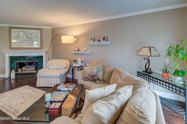 125 Bridgewood Ln, Colonie, NY 12189 - living room with crown molding, wood finished floors, and a fireplace