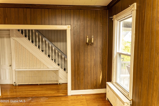 53 Broad St, Catskill, NY 12414 - stairway featuring radiator heating unit, wood finished floors, wooden walls, and ornamental molding