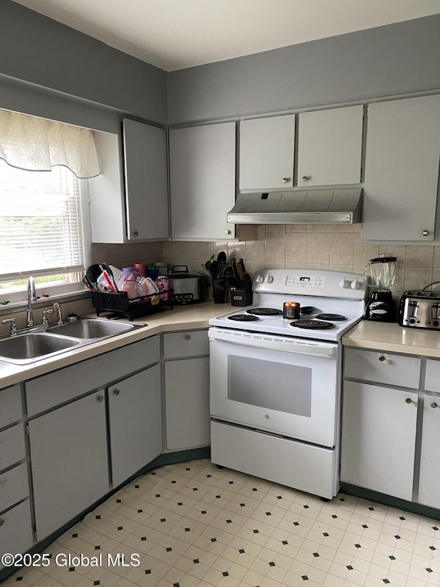 9 Brayton St, Colonie, NY 12205 - kitchen featuring white electric range oven, under cabinet range hood, light countertops, and gray cabinets