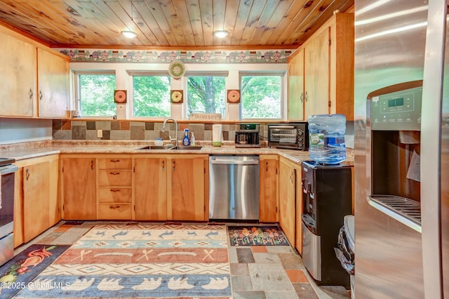 448 State Highway 334, Johnstown, NY 12095 - kitchen with stainless steel appliances, healthy amount of natural light, wood ceiling, crown molding, and light brown cabinets
