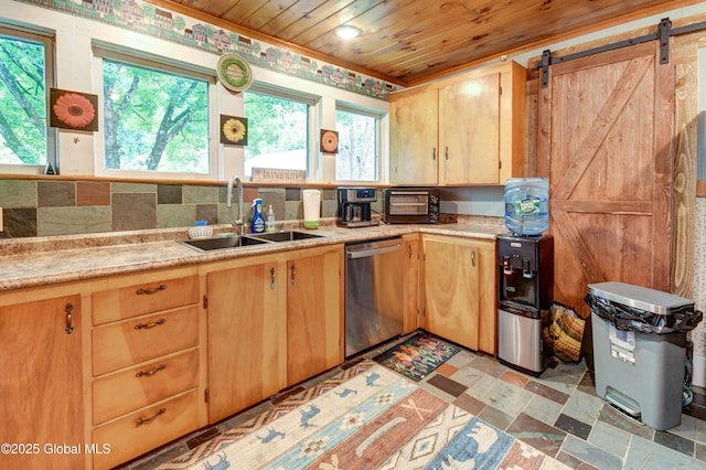 448 State Highway 334, Johnstown, NY 12095 - kitchen with dishwasher, wooden ceiling, light brown cabinets, light countertops, and backsplash