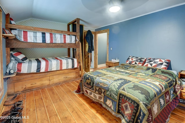 448 State Highway 334, Johnstown, NY 12095 - bedroom with hardwood / wood-style floors, vaulted ceiling, ornamental molding, and ceiling fan