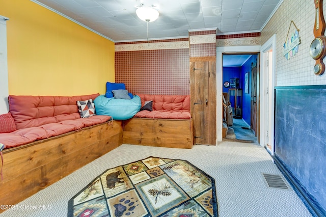 448 State Highway 334, Johnstown, NY 12095 - living room with carpet, ornamental molding, and wallpapered walls