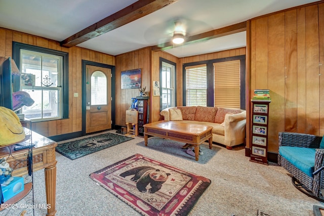 448 State Highway 334, Johnstown, NY 12095 - carpeted foyer featuring wooden walls and beamed ceiling
