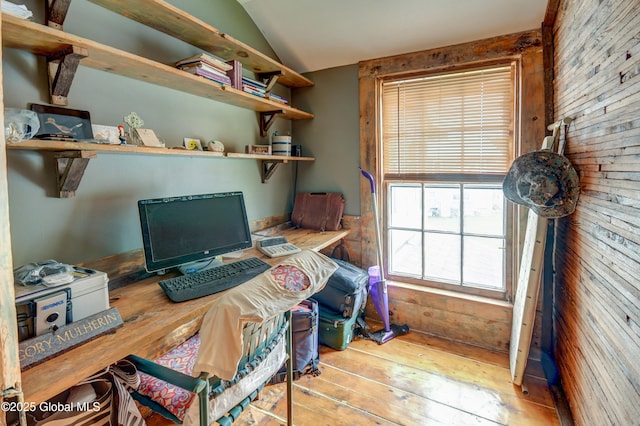 448 State Highway 334, Johnstown, NY 12095 - home office with wood-type flooring, wooden walls, and lofted ceiling
