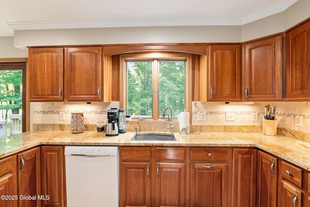 77 Rotterdam Dr, Bethlehem, NY 12077 - kitchen featuring dishwasher, light stone counters, decorative backsplash, brown cabinets, and crown molding