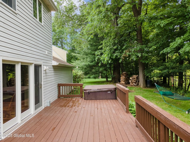 77 Rotterdam Dr, Bethlehem, NY 12077 - wooden deck with a covered hot tub and view of wooded area