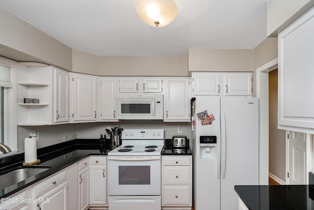 47 Comely Ln, Colonie, NY 12110 - kitchen with white appliances, dark countertops, white cabinets, and open shelves