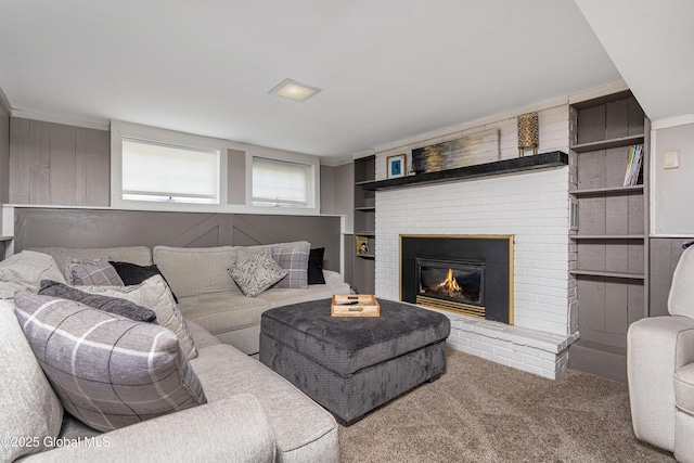 47 Comely Ln, Colonie, NY 12110 - carpeted living area with a brick fireplace