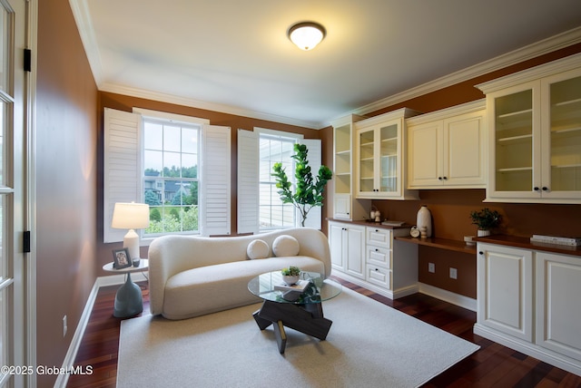 1 Arbor Dr, Guilderland, NY 12159 - living room featuring dark wood-style floors, built in study area, and ornamental molding