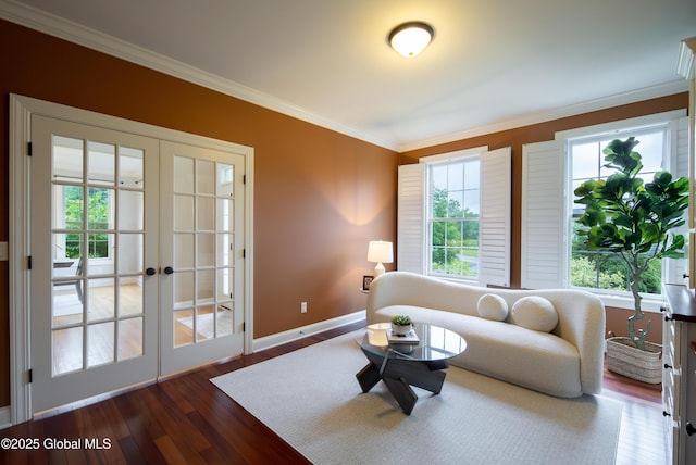 1 Arbor Dr, Guilderland, NY 12159 - living room featuring french doors, ornamental molding, and dark wood-style flooring