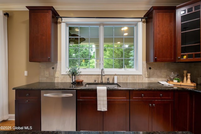 1 Arbor Dr, Guilderland, NY 12159 - kitchen featuring dark stone counters, backsplash, stainless steel dishwasher, ornamental molding, and reddish brown cabinets