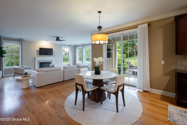 1 Arbor Dr, Guilderland, NY 12159 - dining area with a glass covered fireplace, light wood-style floors, plenty of natural light, and crown molding