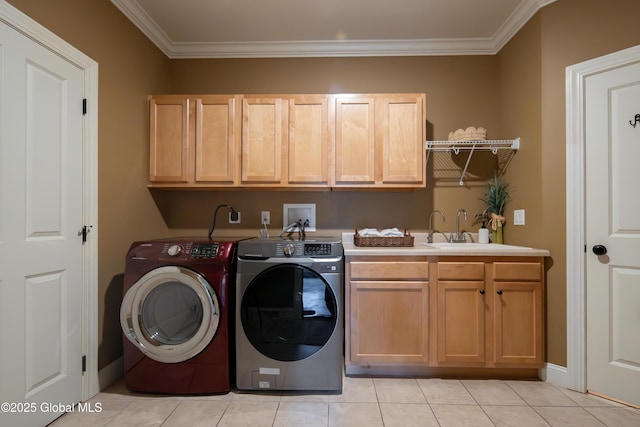 1 Arbor Dr, Guilderland, NY 12159 - laundry area with cabinet space, separate washer and dryer, ornamental molding, and light tile patterned flooring