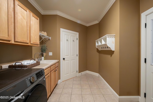 1 Arbor Dr, Guilderland, NY 12159 - washroom featuring washer / dryer, cabinet space, ornamental molding, and light tile patterned floors