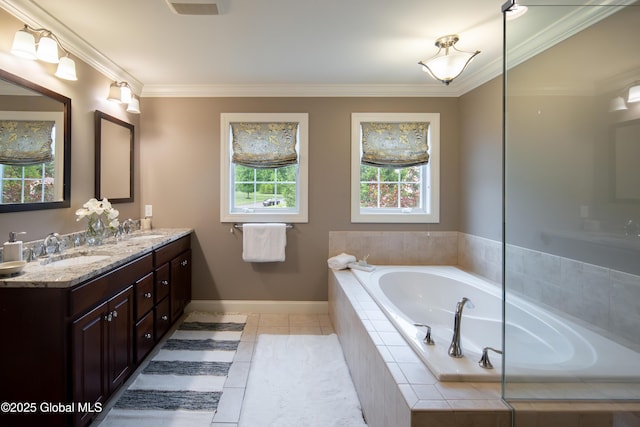 1 Arbor Dr, Guilderland, NY 12159 - bathroom featuring double vanity, ornamental molding, a garden tub, and tile patterned floors