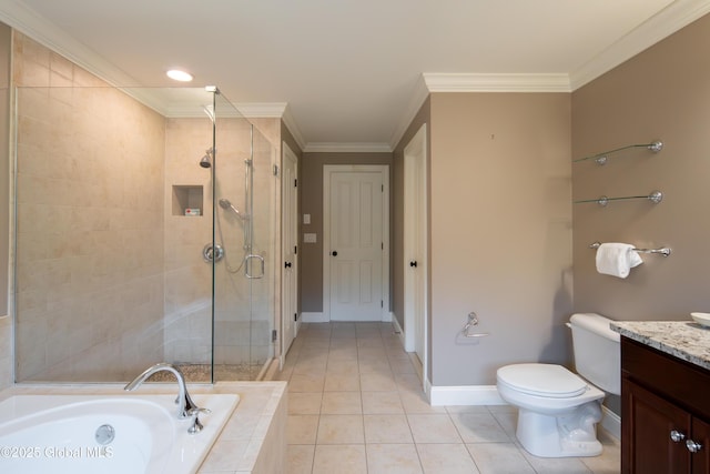 1 Arbor Dr, Guilderland, NY 12159 - full bath featuring vanity, a bath, a shower stall, crown molding, and tile patterned floors