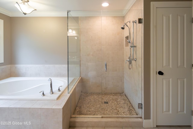 1 Arbor Dr, Guilderland, NY 12159 - full bathroom with a bath, a stall shower, and crown molding