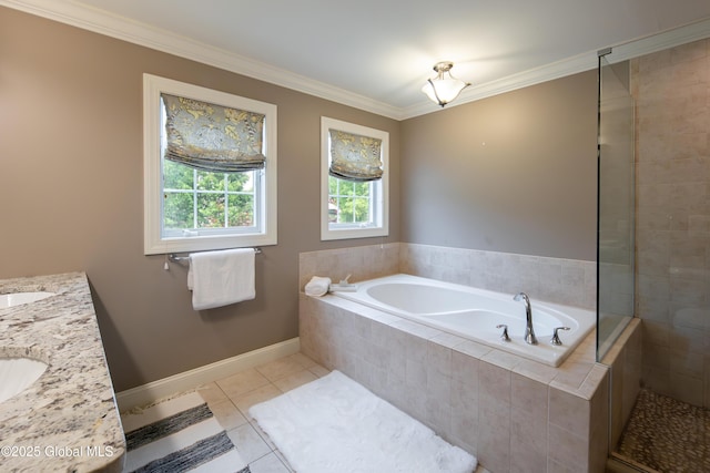 1 Arbor Dr, Guilderland, NY 12159 - full bath with a garden tub, tile patterned floors, ornamental molding, double vanity, and tiled shower