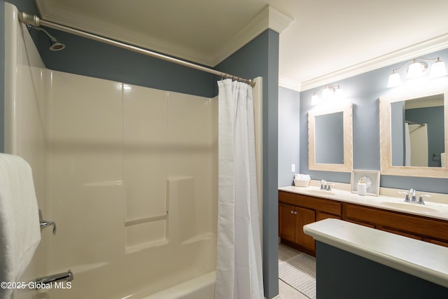 1 Arbor Dr, Guilderland, NY 12159 - bathroom with crown molding, double vanity, and shower / bath combination with curtain