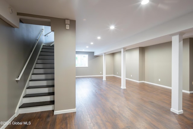 1 Arbor Dr, Guilderland, NY 12159 - basement with wood finished floors, recessed lighting, and stairway