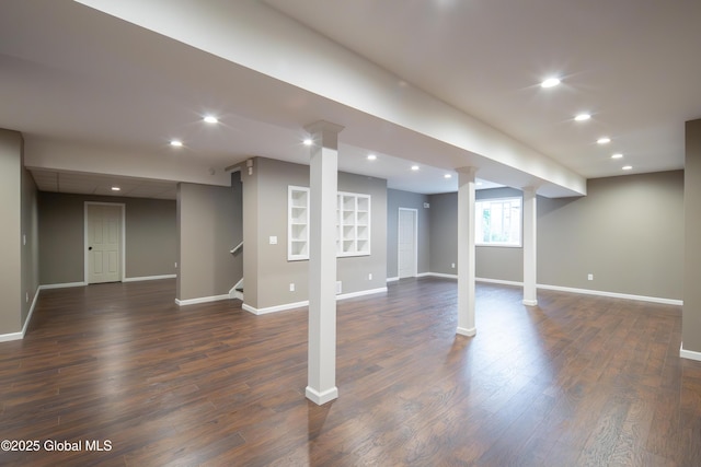 1 Arbor Dr, Guilderland, NY 12159 - basement with dark wood-style floors, recessed lighting, and stairway