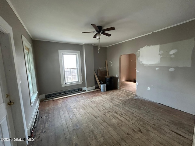 4 Factory St, Granville, NY 12832 - empty room featuring crown molding, ceiling fan, hardwood / wood-style floors, arched walkways, and baseboard heating