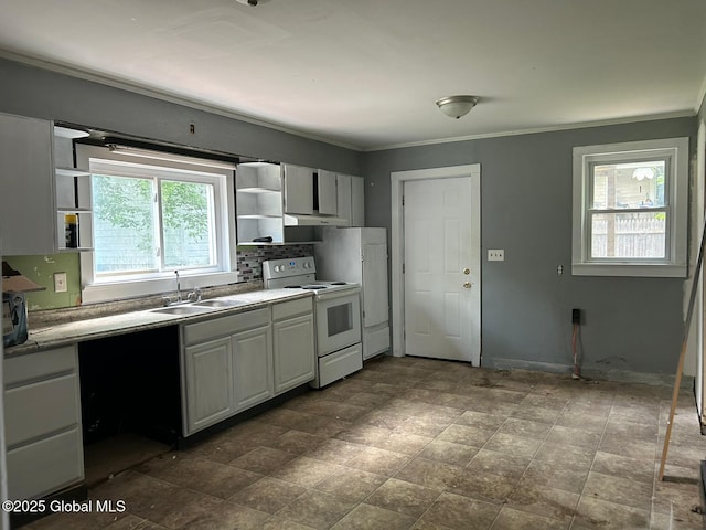 4 Factory St, Granville, NY 12832 - kitchen featuring electric range, open shelves, ornamental molding, backsplash, and light countertops