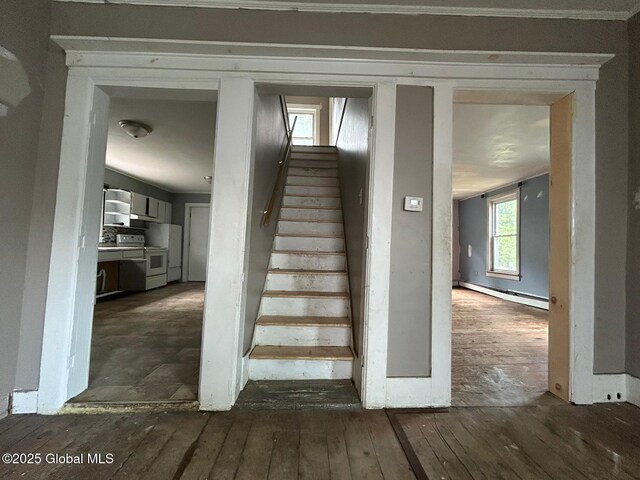 4 Factory St, Granville, NY 12832 - staircase with hardwood / wood-style flooring, baseboard heating, and crown molding