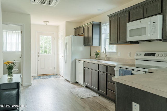 418 Summit Ave, Schenectady, NY 12307 - kitchen with white appliances, light countertops, light wood-type flooring, and dark brown cabinets