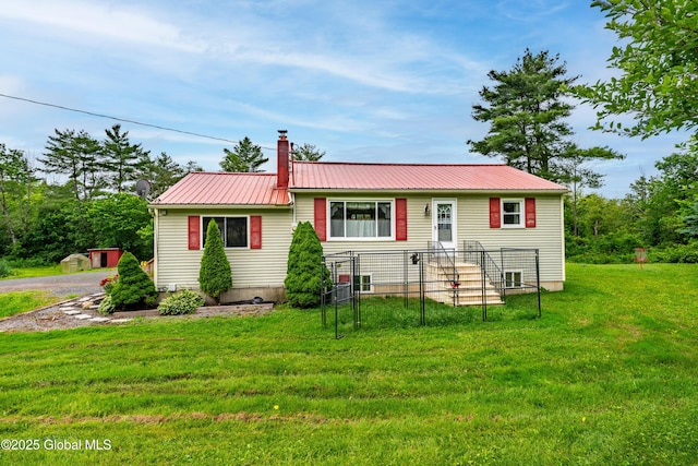 2560 Creek Rd, Esperance, NY 12066 - ranch-style house featuring a metal roof, a front lawn, and a chimney