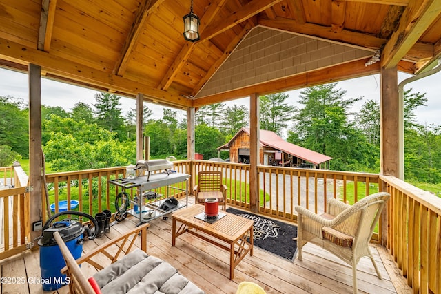 2560 Creek Rd, Esperance, NY 12066 - wooden terrace with view of wooded area and a grill