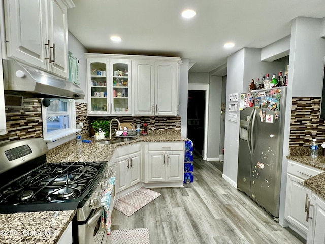 421 Michigan Ave, Schenectady, NY 12303 - kitchen with stainless steel appliances, under cabinet range hood, white cabinetry, decorative backsplash, and light wood-style flooring