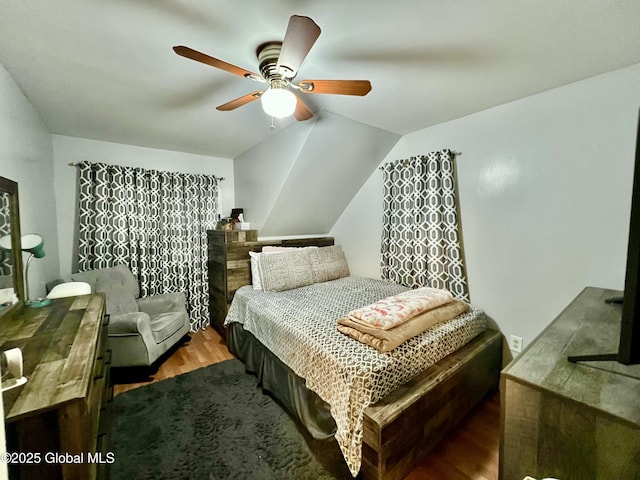421 Michigan Ave, Schenectady, NY 12303 - bedroom featuring wood finished floors, a ceiling fan, and vaulted ceiling