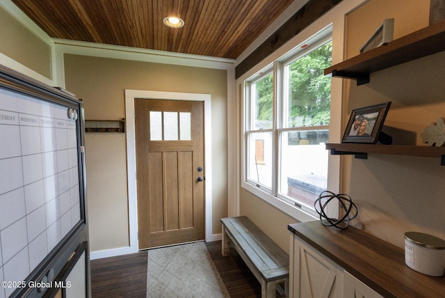 74 Feeder St, Hudson Falls, NY 12839 - entrance foyer with wood ceiling, recessed lighting, and dark wood-style flooring
