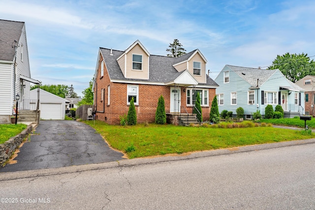 107 Frederick Ave, Colonie, NY 12205 - cape cod house featuring brick siding, a garage, an outbuilding, a front lawn, and a residential view