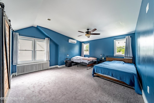 107 Frederick Ave, Colonie, NY 12205 - carpeted bedroom featuring radiator heating unit, a wall mounted AC, lofted ceiling, a ceiling fan, and a barn door
