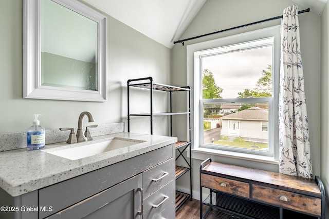 107 Frederick Ave, Colonie, NY 12205 - bathroom with vaulted ceiling, vanity, and wood finished floors