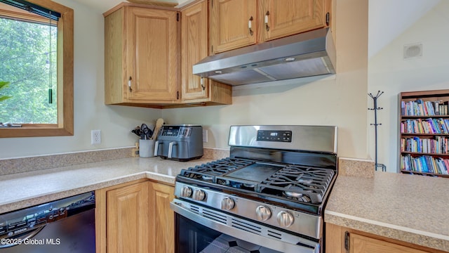 324 Elsmere Ave, Bethlehem, NY 12054 - kitchen featuring stainless steel range with gas stovetop, dishwasher, under cabinet range hood, light countertops, and light brown cabinets