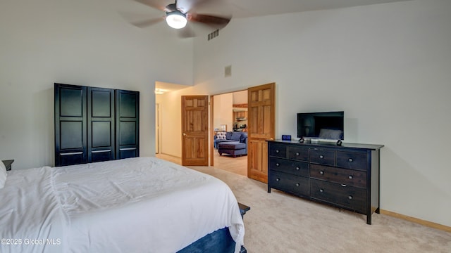 324 Elsmere Ave, Bethlehem, NY 12054 - bedroom featuring light carpet, high vaulted ceiling, and ceiling fan