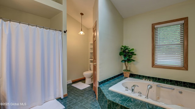 324 Elsmere Ave, Bethlehem, NY 12054 - full bath featuring a jetted tub, tile patterned flooring, curtained shower, and vaulted ceiling