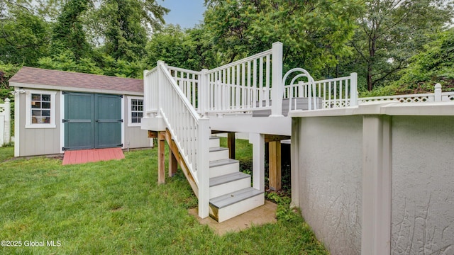 324 Elsmere Ave, Bethlehem, NY 12054 - wooden deck with stairway, a shed, a yard, and view of wooded area