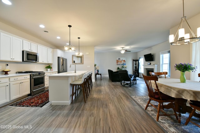 16 Anthony Pl, Ballston, NY 12020 - kitchen featuring stainless steel appliances, open floor plan, dark wood-type flooring, recessed lighting, and light countertops