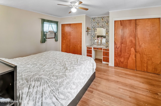 17 Malpass Rd, Guilderland, NY 12203 - bedroom featuring multiple closets, light wood finished floors, crown molding, cooling unit, and ceiling fan