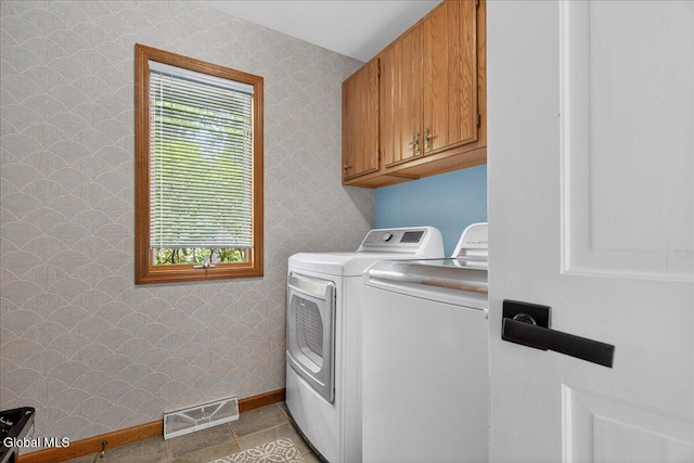1 Fox Run, Colonie, NY 12110 - washroom featuring washer and clothes dryer, wallpapered walls, cabinet space, and tile patterned flooring