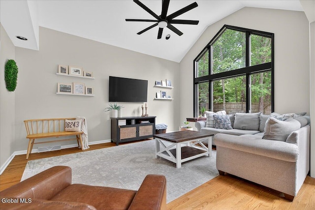 1 Fox Run, Colonie, NY 12110 - living room with ceiling fan, light wood-style floors, and high vaulted ceiling
