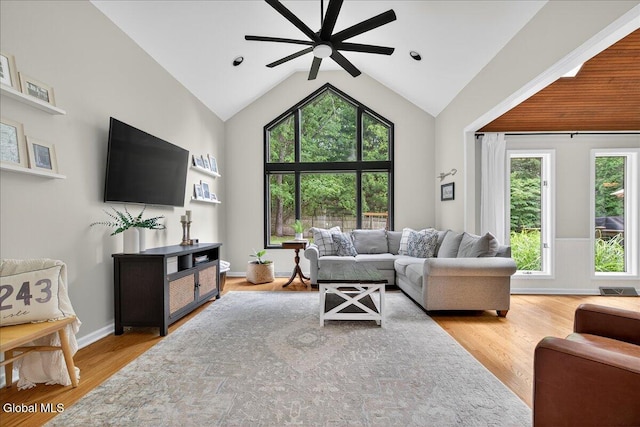 1 Fox Run, Colonie, NY 12110 - living area featuring a ceiling fan, wood finished floors, and high vaulted ceiling