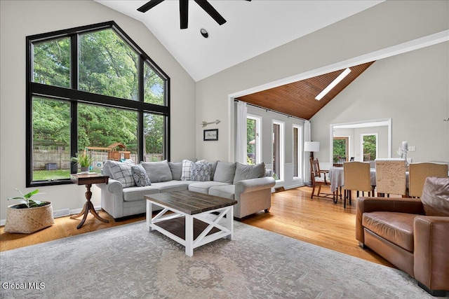 1 Fox Run, Colonie, NY 12110 - living room featuring high vaulted ceiling, ceiling fan, plenty of natural light, and wood finished floors