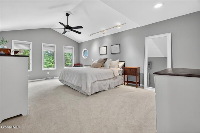 1 Fox Run, Colonie, NY 12110 - carpeted bedroom featuring lofted ceiling, recessed lighting, track lighting, and ceiling fan